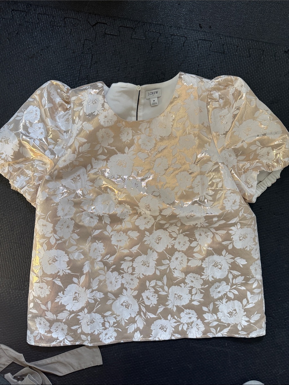J. Crew Cream and Gold Floral Puff-Sleeve Blouse